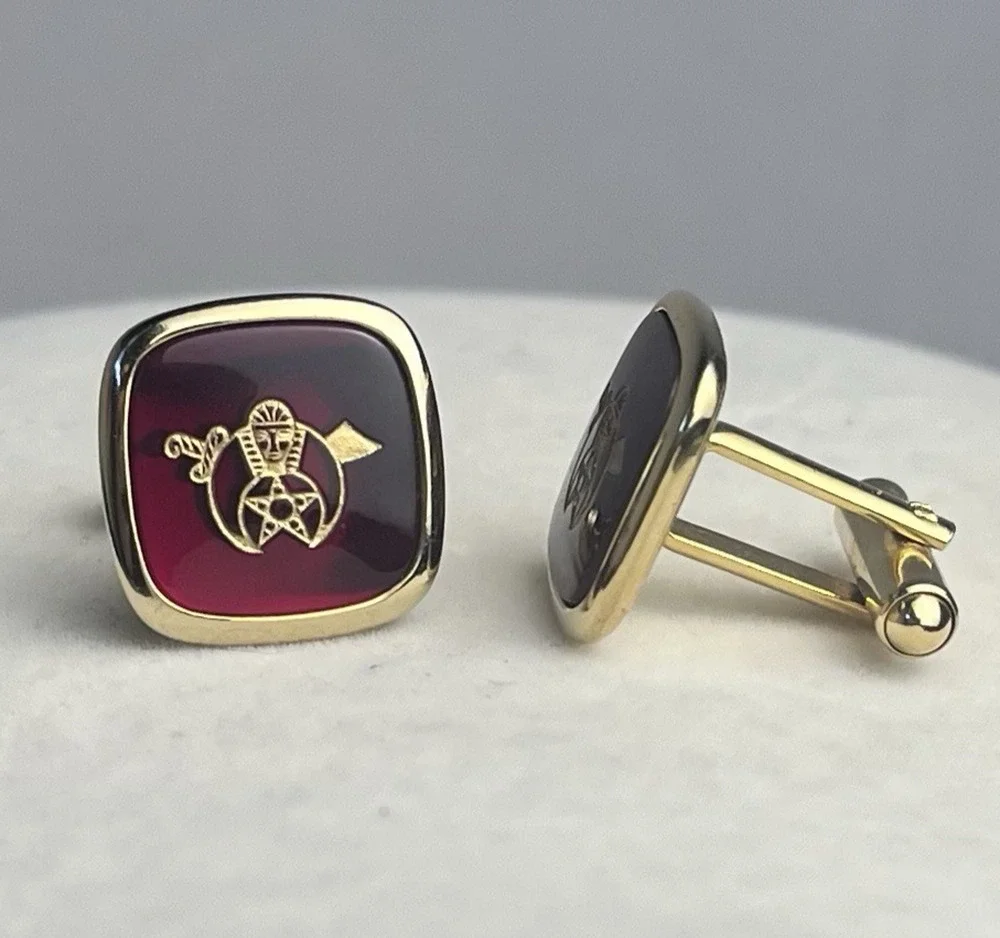 Shriners Cufflinks Red Gold Tone Square Crescent Scimitar Masonic Vintage Retro